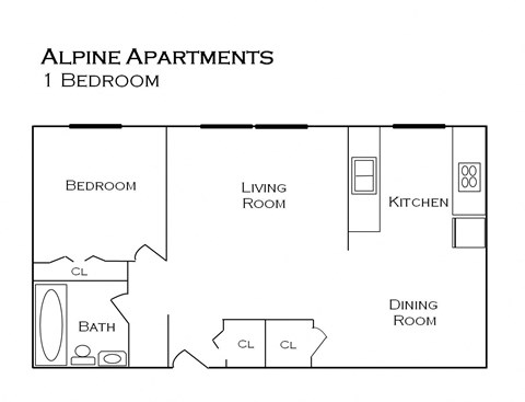 Floor plan for 1 bed, 1 bath, 759 sqft